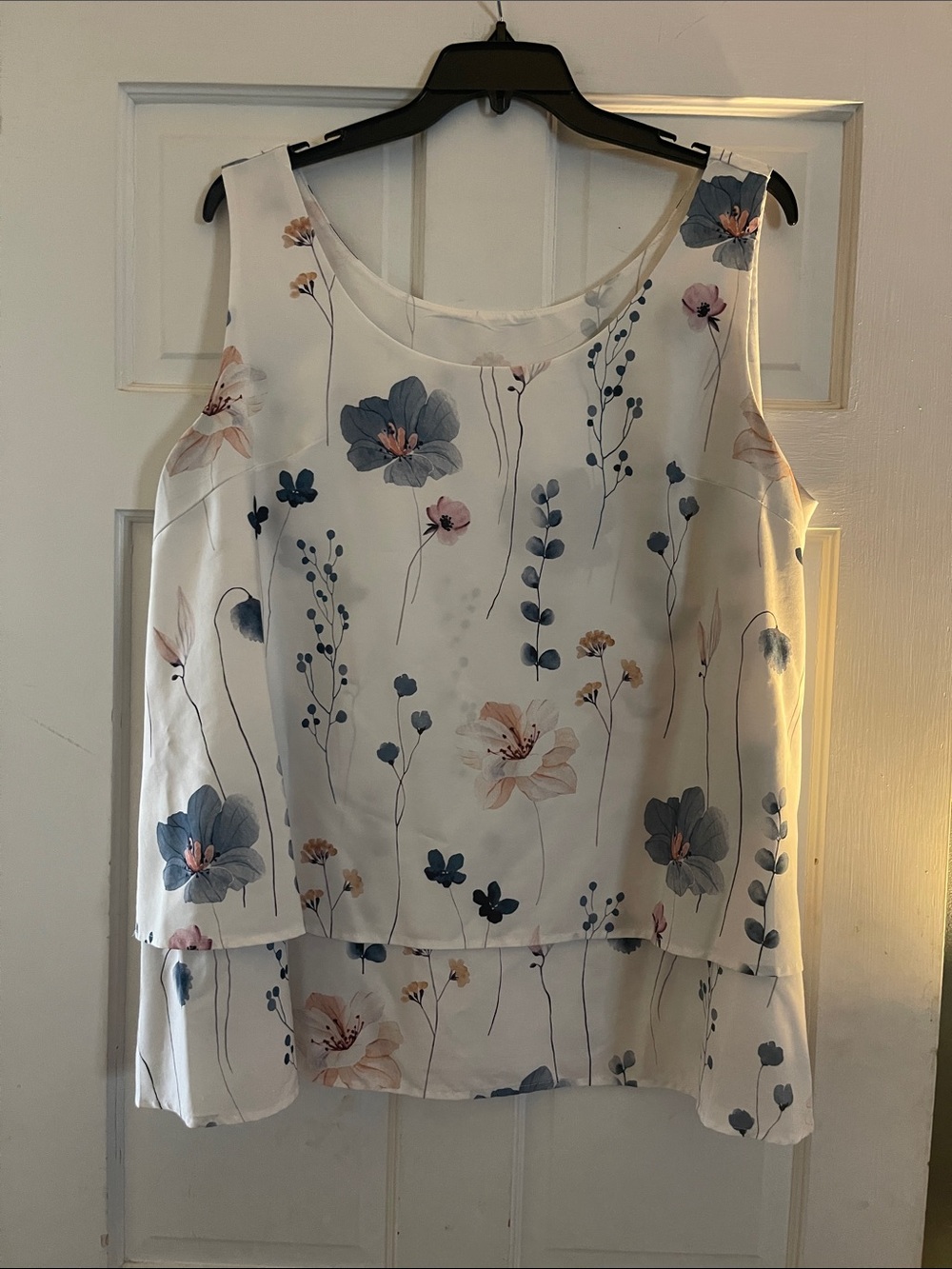 Sleeveless Floral Layered Tank Top - White with Blue & Pink Flowers